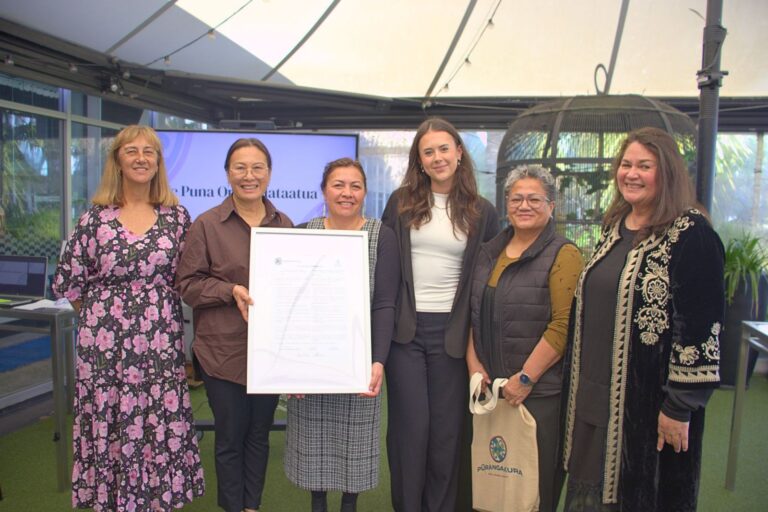 Te Puna Ora o Mataatua: Hiria Allison (Te Whānau-a-Apanui, Te Whakatōhea, Ngāi Tūhoe) with the research team following the signing of the Kia Manawaroa Kawenata.
